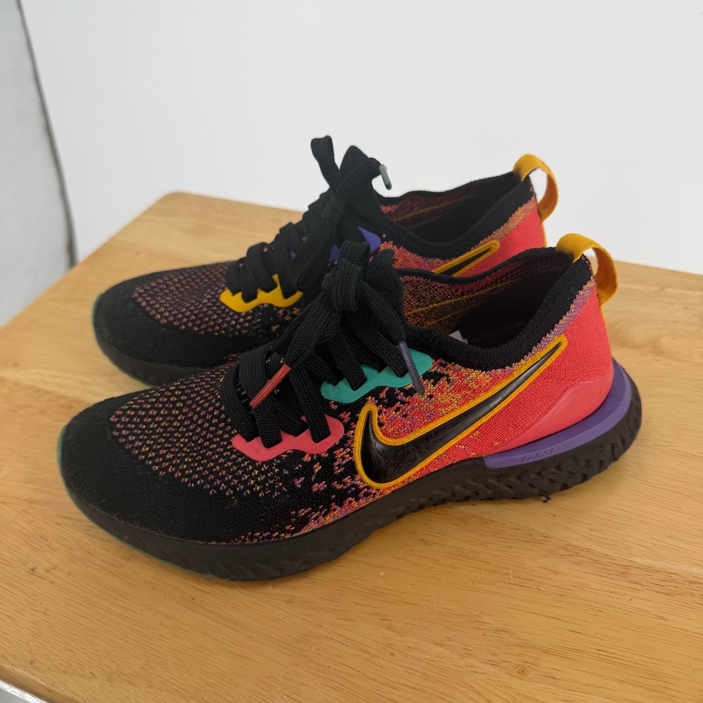Nike Epic React Flyknit 2 Womens 7.5 Black Multi Running Shoes Neon Fitness Gym